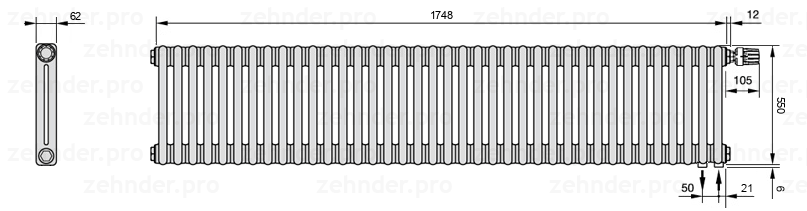Схема (чертеж) Радиатор Zehnder Charleston 2055/38 №V002 Белый глянцевый RAL 9016